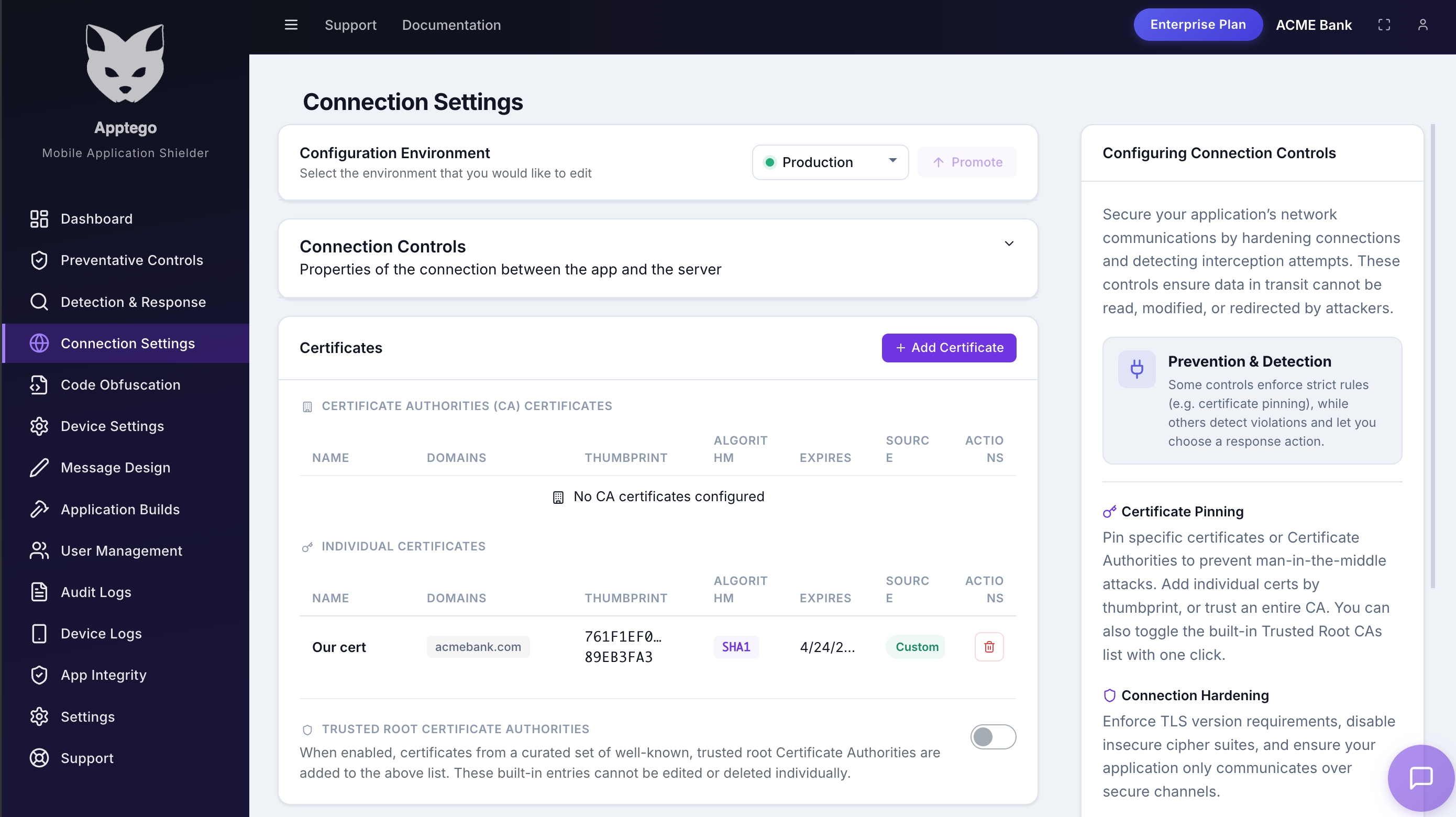 AppTego portal — Connection Settings configuration screen