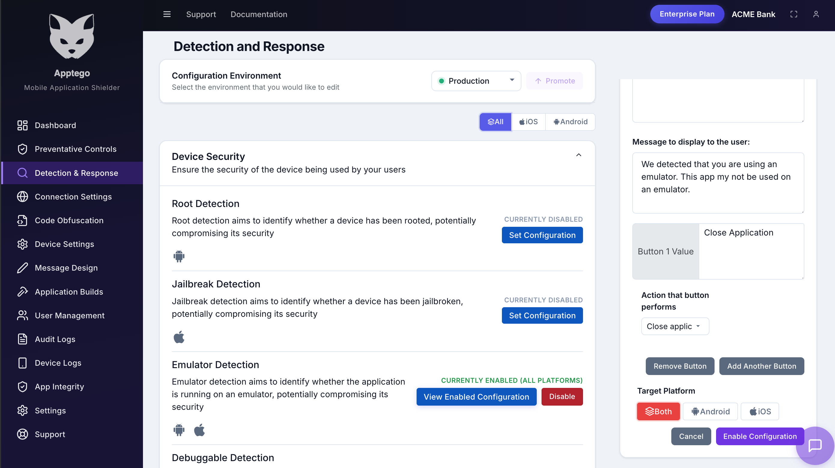 AppTego portal — Detection and Response configuration screen