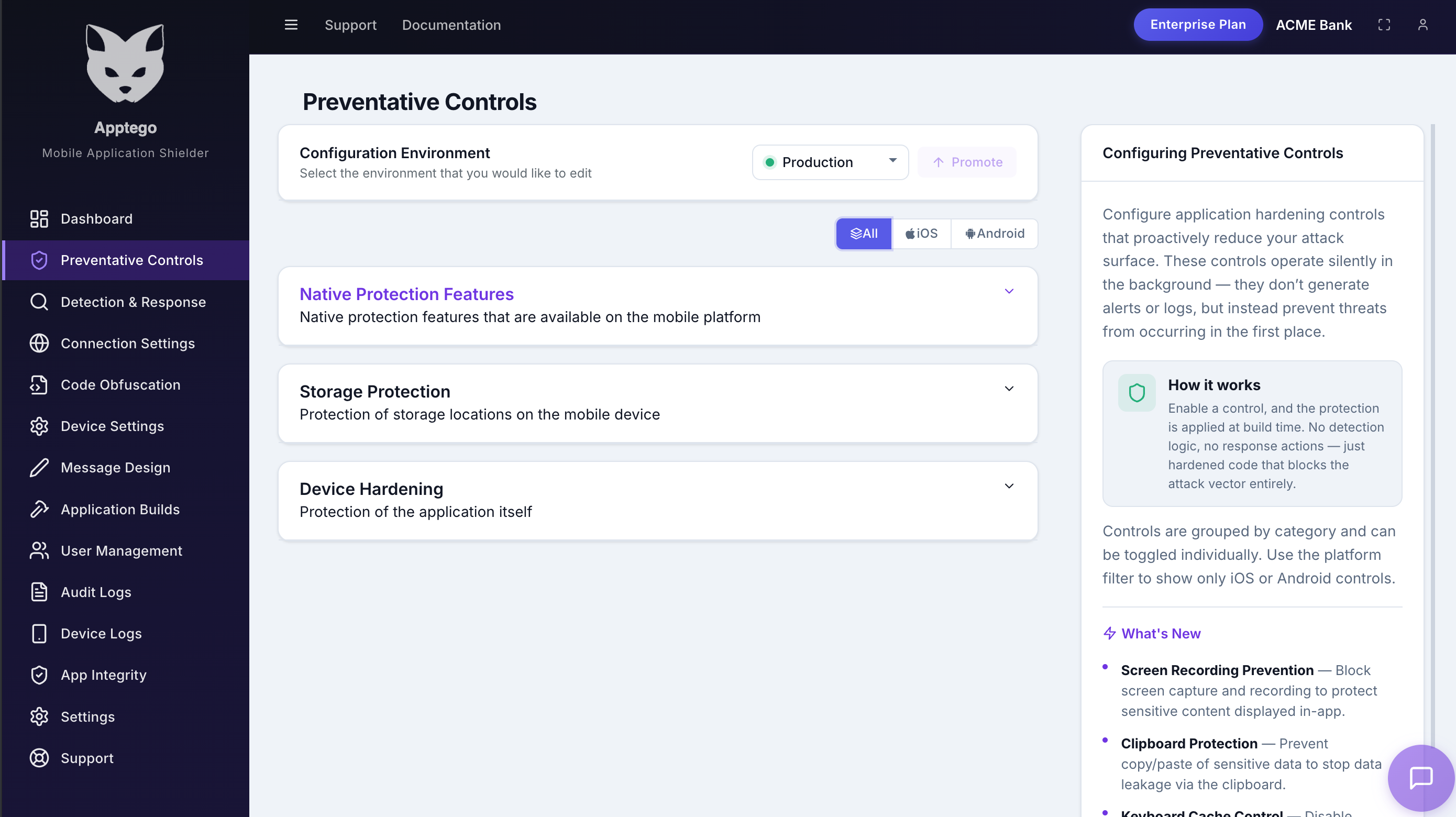 AppTego portal — Preventative Controls configuration screen
